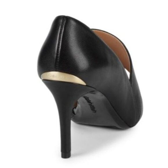 Calvin Klein Womens Pumps 7 Black Ginostra Leather Pointed-Toe Gold Accent  Heel - Picture 3 of 8